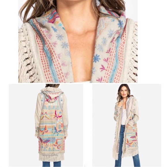 Johnny Was Cyrillus Embroidered Hooded Duster Coat Fringe Boho Truffle XS EUC - Picture 9 of 10